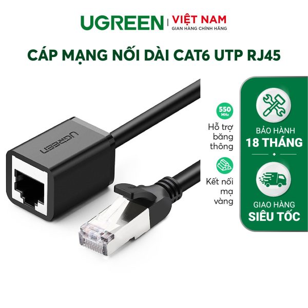 Cáp mạng nối dài CAT6 UGREEN NW112 106 Cáp nối dài mạng LAN Cat 6 Ugreen NW112 màu đen, đầu RJ45 đực sang cái, vỏ đường kính 6mm
