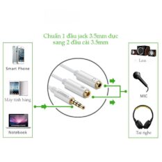 Dây chuyển đổi 3.5mm đực sang hai đầu 3.5mm cái (Hỗ trợ cùng lúc Mic + Tai nghe) vỏ nhựa ABS dài 20CM UGREEN AV141