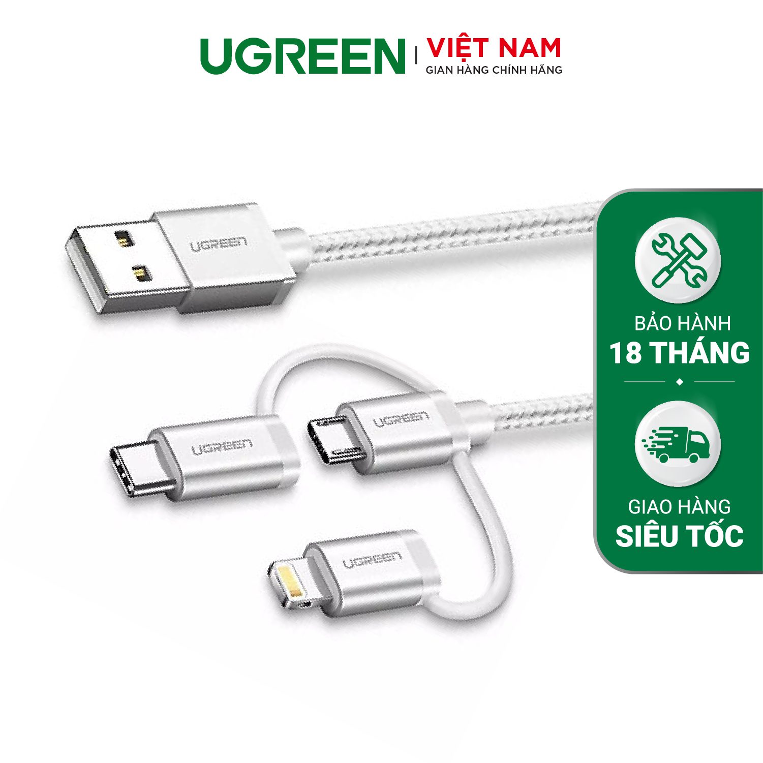 Dây sạc và truyền dữ liệu 3 in 1, hỗ trợ cổng Lightning cho dòng iPhone/iPad/iPod, cổng Micro USB cho điện thoại Android, cổng USB type C, dài từ 0.5-1.5m UGREEN US186 – Ugreen Việt Nam