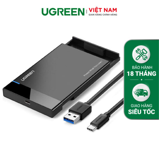 Hộp đựng ổ cứng UGREEN US221 Đựng ổ 2.5 inch SSD/HDD hỗ trợ lên đến 6TB vỏ nhựa ABS cao cấp (dây USB 3.0 gắn liền vỏ hộp) kích thước 128x82x14mm