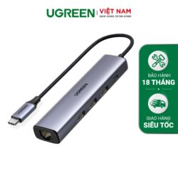 Hub chuyển đổi UGREEN 60554 Chuyển 5 in 1 USB Type-A ra Lan 1000Mbps Kèm HUB 3 Cổng USB 3.0 - Hàng Chính Hãng