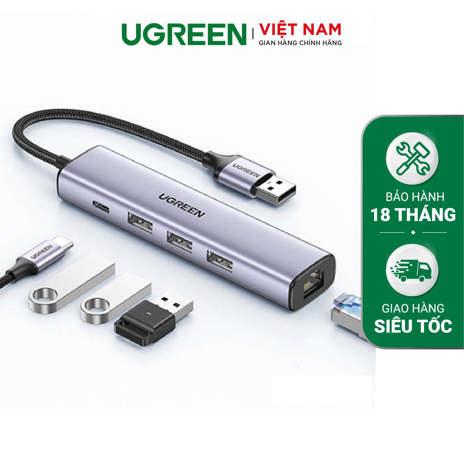 Hub Type C sang LAN 100/1000Mbps Kèm HUB 3 Cổng USB 3.0 – Ugreen Việt Nam