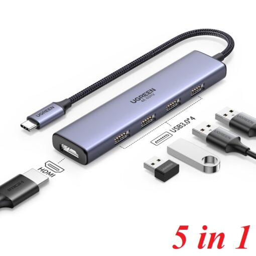 Hub Type C UGREEN CM478 20955 (5 trong 1) Chuyển sang 4 cổng USB 3.0 + HDMI hỗ trợ độ phân giải 4K@30Hz - Tốc độ truyền dữ liệu 5Gpbs, tương thích với Macbook M1, imac,...