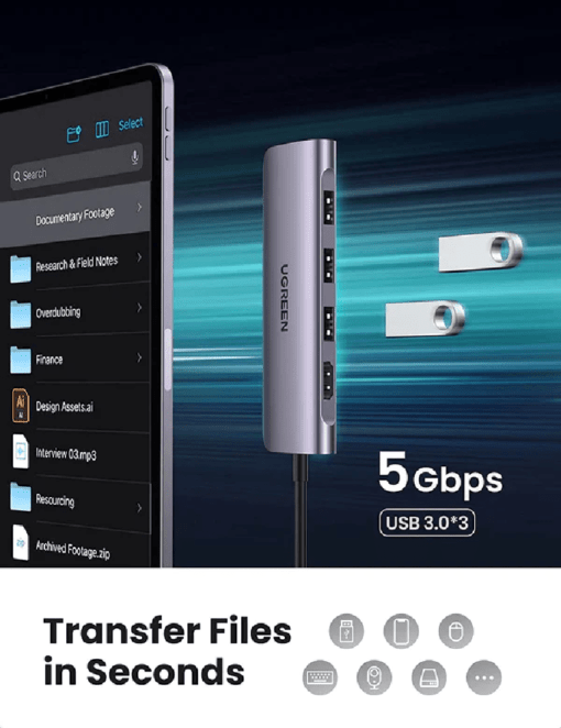 Hub Ugreen 6 trong 1, USB Type C sang 3 cổng USB 3.0,  USB-C to 3 Ports USB3.0-A Hub + HDMI + TF/SD (Space Gray)