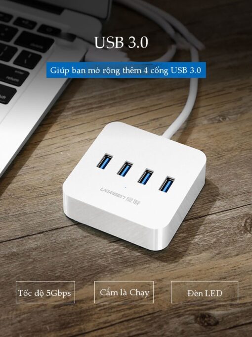 hub usb 30 ra 4 cong usb 30 ho tro nguon dc 5v 2a dai 05 15m ugreen cr118 16