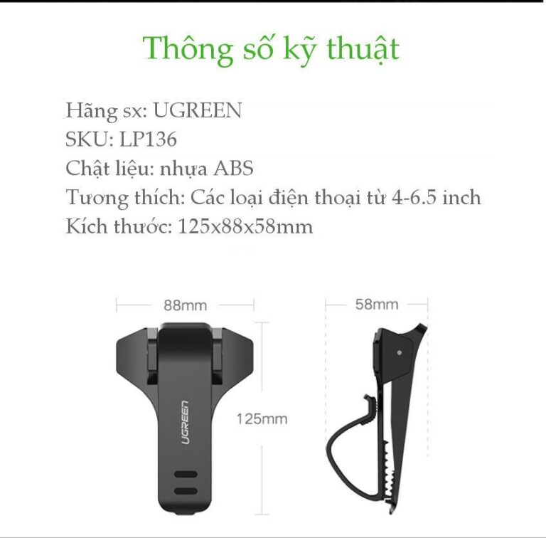 Kẹp giữ điện thoại UGREEN LP136 Sử dụng trên ô tô cho, tương thích điện thoại kích thước từ 4 đến 6.5 inch - Hãng phân phối chính hãng