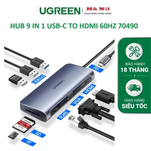 Hub Type C Ugreen 70490 - HDMI 4K*2K@60Hz, Sạc nhanh 100W