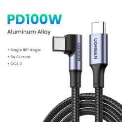 Cáp dữ liệu, sạc nhanh 100W UGREEN 20583 Type C sang Type C bẻ góc 90 độ dài 3M - Hàng chính hãng