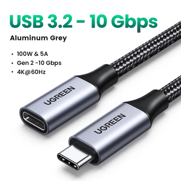 Cáp Nối Dài USB-C 3.2 10Gbps Sạc PD100W Ugreen US372 46 Cáp nối dài USB-C Ugreen US372 vỏ nhôm bọc lưới dù, sạc PD 100W