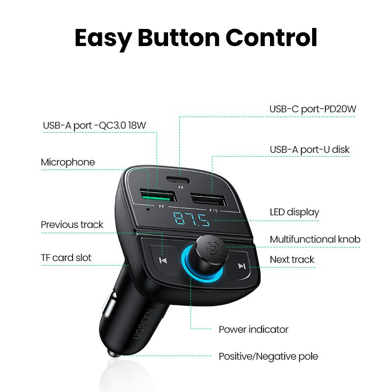 Tẩu sạc nhanh ô tô Bluetooth UGREEN 80910 24 Tẩu sạc nhanh ô tô Bluetooth UGREEN 80910