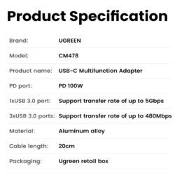 Hub Type C 5 in 1 sang HDMI 4K@30Hz, USB3.0 Ugreen CM478