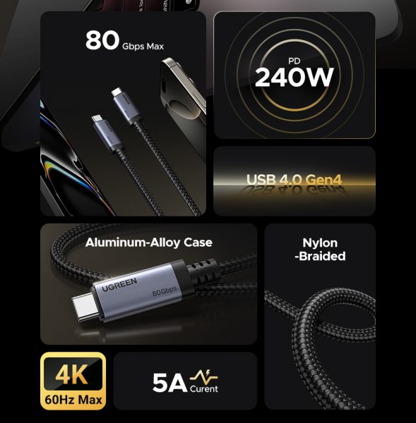 Cáp Sạc Nhanh C to C 100W UGREEN L528 27 Sạc nhanh mạnh mẽ – Công suất lên đến 100W