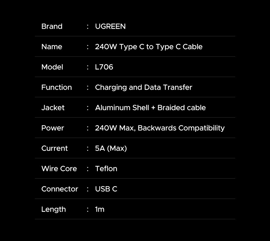 Cáp Sạc Nhanh C to C 100W UGREEN L528 7 Cáp Sạc Nhanh C to C 100W UGREEN L528 - Hình ảnh 7