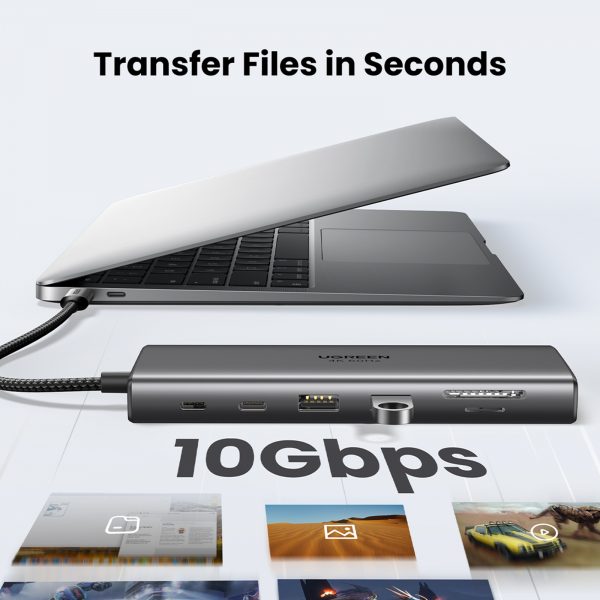 Hub Type C 11 cổng Ugreen 45520 18 CM639-45520-UGREEN 11-in-1 USB-C Hub Bộ chuyển mở rộng cổng USB-C đa năng hỗ trợ 4K@60Hz HDMI, VGA 1080p, PD 100W, Ethernet, USB-A/C 10Gbps, khe thẻ SD/TF, jack 3.5mm – Tương thích MacBook, Windows, Linux