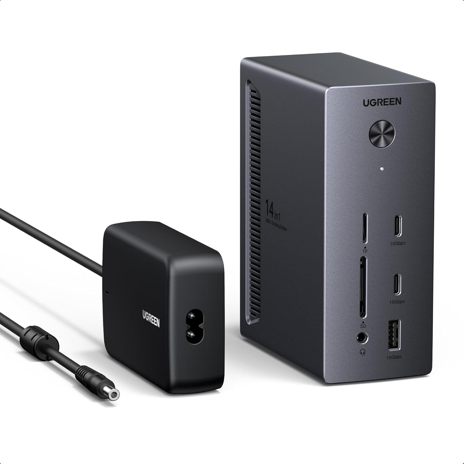 Dock Type C Ugreen CM843 14-in-1 – 14 cổng, 3 màn hình 4K đồng thời, PD 100W, Ethernet Gigabit, nguồn GaN 140W