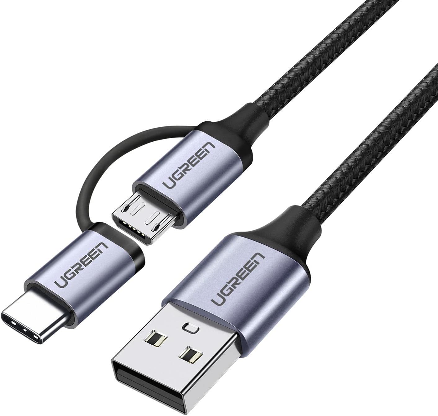 Cáp USB-A ra Micro USB và USB-C Ugreen US177 – 2 đầu ra Micro USB + USB-C, Sạc nhanh QC/FCP/AFC, Dài 1m
