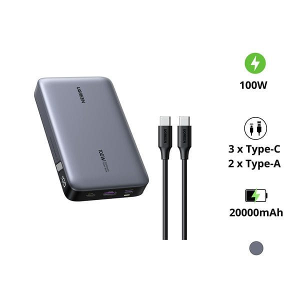 UGREEN 25188 Sạc Dự Phòng 20000mAh PD 100W, Màn Hình Số, 2 USB-C & 1 USB-A - Như Mới 1 UGREEN 25188 Sạc Dự Phòng 20000mAh PD 100W, Màn Hình Số, 2 USB-C & 1 USB-A - Như Mới