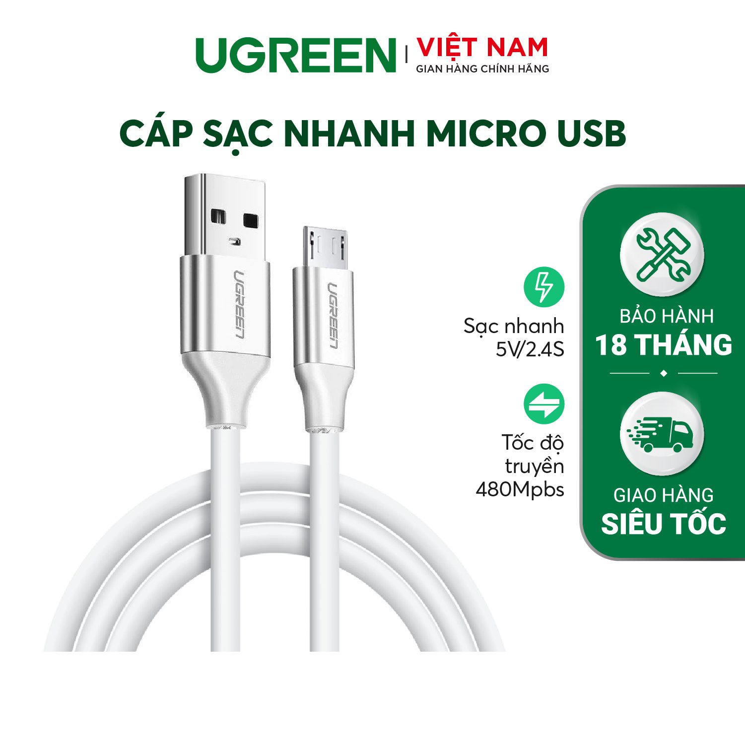 UGREEN 60140 Cáp Sạc USB-A Sang Micro USB Sạc 2A, Truyền Dữ Liệu 480Mbps, Dài 0.25m Màu Trắng - Như Mới 1 UGREEN 60140 Cáp Sạc USB-A Sang Micro USB Sạc 2A, Truyền Dữ Liệu 480Mbps, Dài 0.25m Màu Trắng - Như Mới